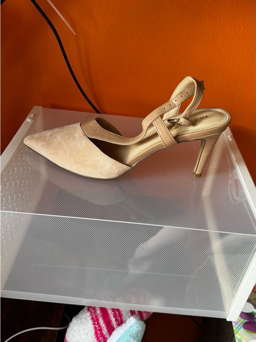 Beige Pointed-Toe Slingback Heels with Ankle Strap